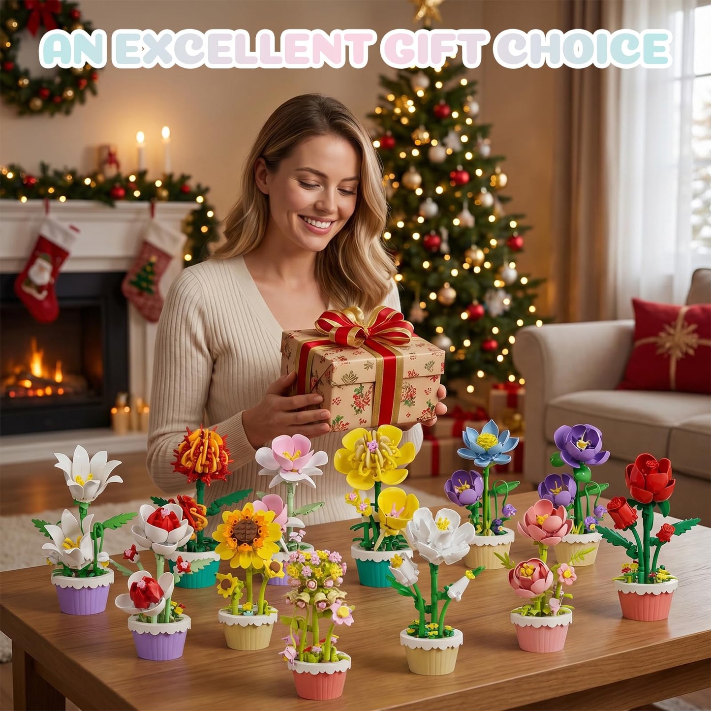 FNSJFYZS 12 Pack Flower Building Blocks, Botanicals Collection Artificial Flowers with Pots, DIY Craft Kit for Home Office Desk Decor, Unique Birthday Gifts for Adults