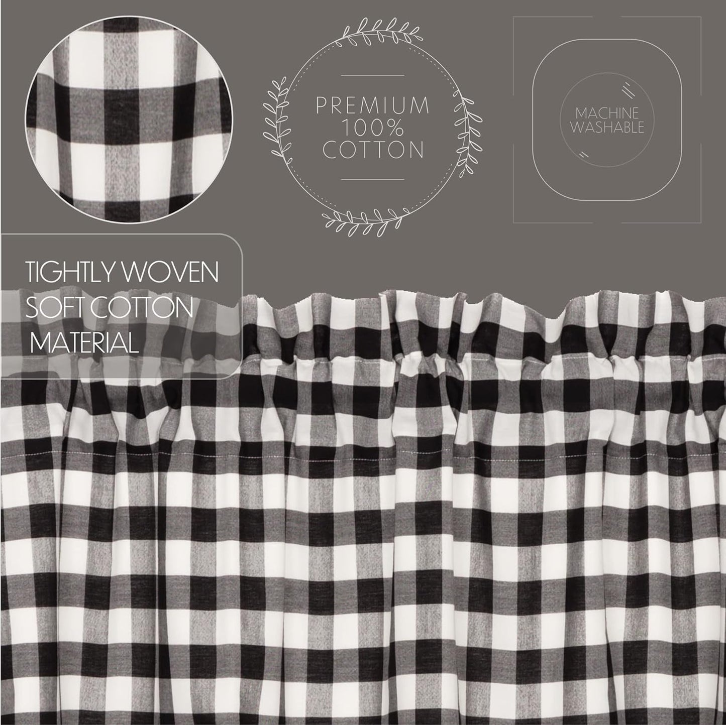VHC Brands Annie Buffalo Check Cotton Farmhouse Kitchen Curtains - Rod Pocket 16x72 Valance, Black