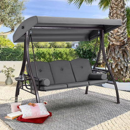 HOMREST 3 Person Outdoor Porch Swing with 1.5" Upgraded Cup Holder, Adjustable Canopy, Backrest, Patio Swing Bed with Weather Resistant Steel Frame, Cushions for Garden,Deck and Poolside(Gray)