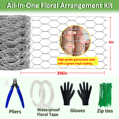 Floral Chicken Wire for Craft Kit, 4" x 396" Lightweight Chicken Wire for Floral Arrangement, Hexagonal Galvanized Chicken Wire Netting with Floral Tape, Plier, Tie, Gloves(Silver,4" x 396")