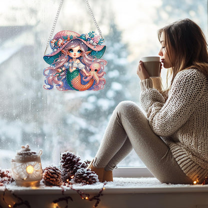 GHHKUD Mermaid and Octopus Diamond Art Hanging Kits for Adults, DIY Double Sided Diamond Painting Hanging, Special Shaped Acrylic Ornaments Pendants for Window Home Garden Wall