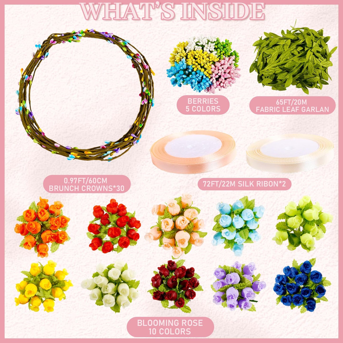 Pattyeer 213Pcs(30 Set) DIY Flower Crowns Making Kit, Handmade Floral Crown Garland Wreath Craft Kit, Make Your Own Flower Hair Accessories Gift for Women