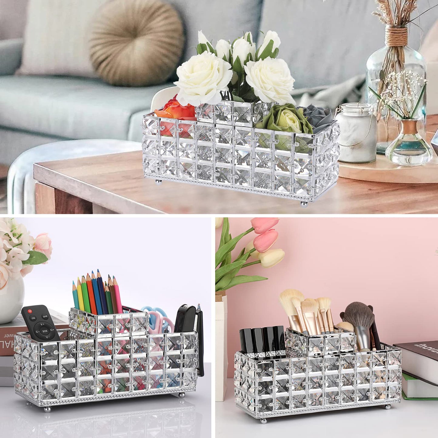 Hipiwe Crystal Remote Control Holder Bling Makeup Brush Holder Organizer Desktop Cosmetics Brushes Storage Cup Pen Pencil Storage Pot Cup for Dresser Bathroom Office, 3 Slot