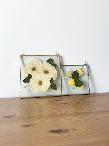Beedecor Double Glass Frame for Pressed Flowers, Leaf and Artwork - Set of 2 Hanging Picture Frames, Tempered Glass Floating Pressed Flower Frames, Large Rectangular Wall Decor Photo Display, Clear Metal Glass Frames with Chain (8x10, Gold)