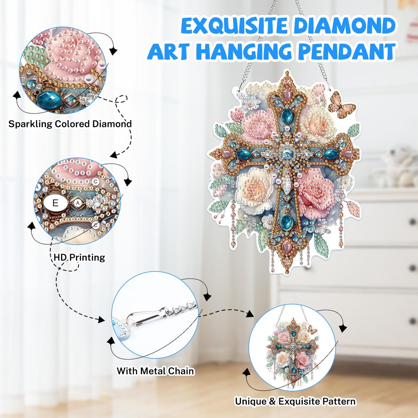 Bowetile Hanging Diamond Art Cross Kits for Adults, 5D Special Shape Diamond Painting Flower Kits, Cross Diamond Gem Art Suncatchers Painting Pendant Ornament for Home Garden Wall Decor