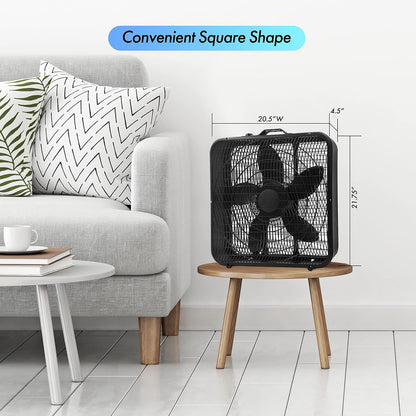 Comfort Zone 20 Inch Box Fan - 3 Speed Full-Force Air Circulation with Carry Handle, Ideal for Home