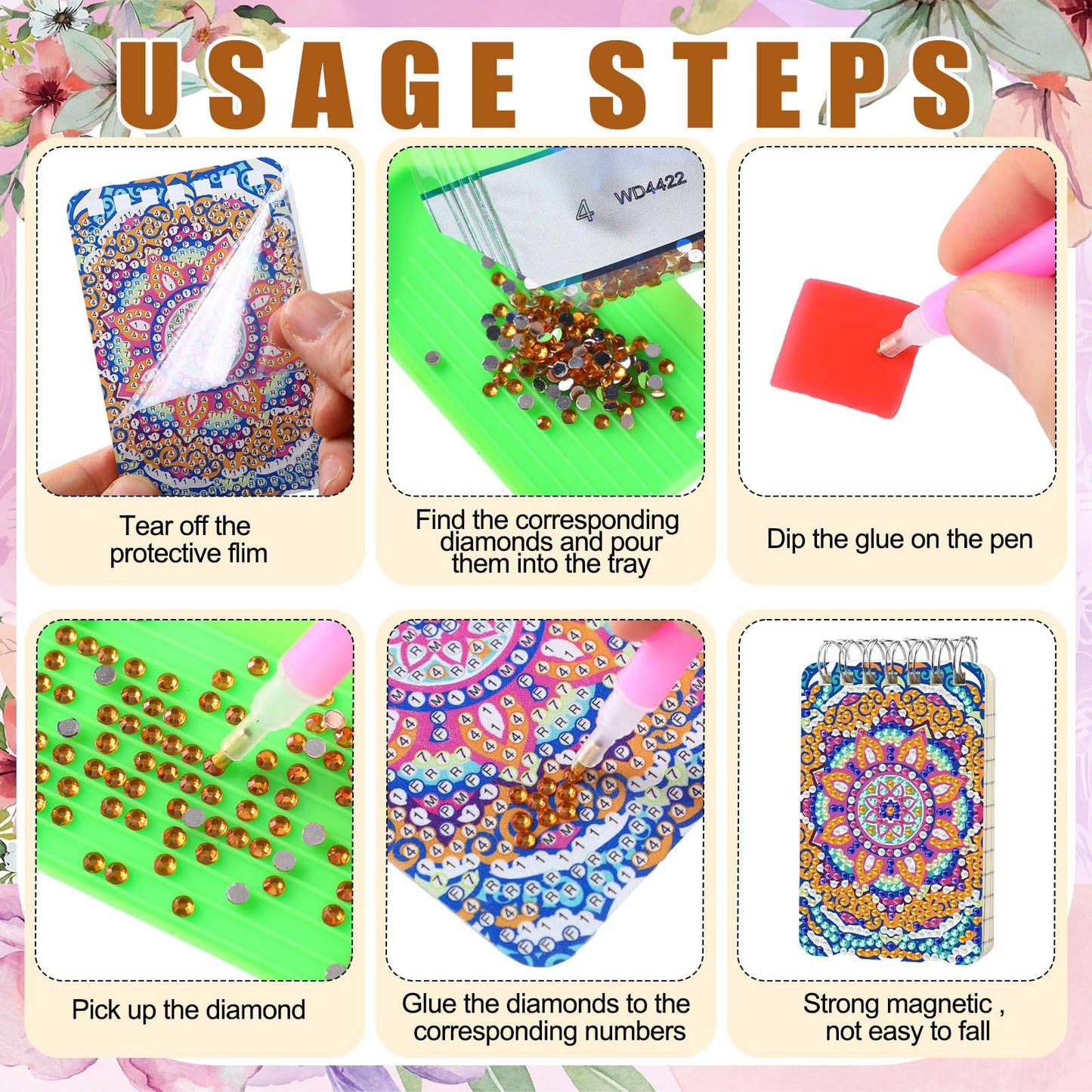 Frienda 12 Pcs Mandala Diamond Painting Notebook Kits for Adults DIY Mandala Diamond Art Journal Notebooks 5d Flower Gem Dots Cover Notepad Gift Set Journal Art Crafts Accessories with Tools