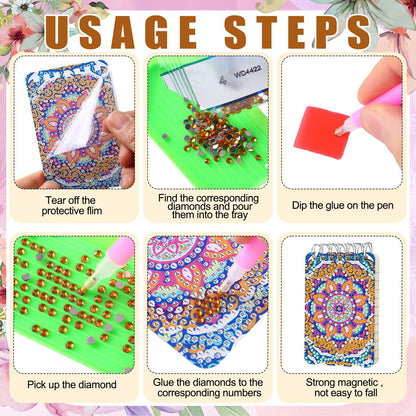 Frienda 12 Pcs Mandala Diamond Painting Notebook Kits for Adults DIY Mandala Diamond Art Journal Notebooks 5d Flower Gem Dots Cover Notepad Gift Set Journal Art Crafts Accessories with Tools