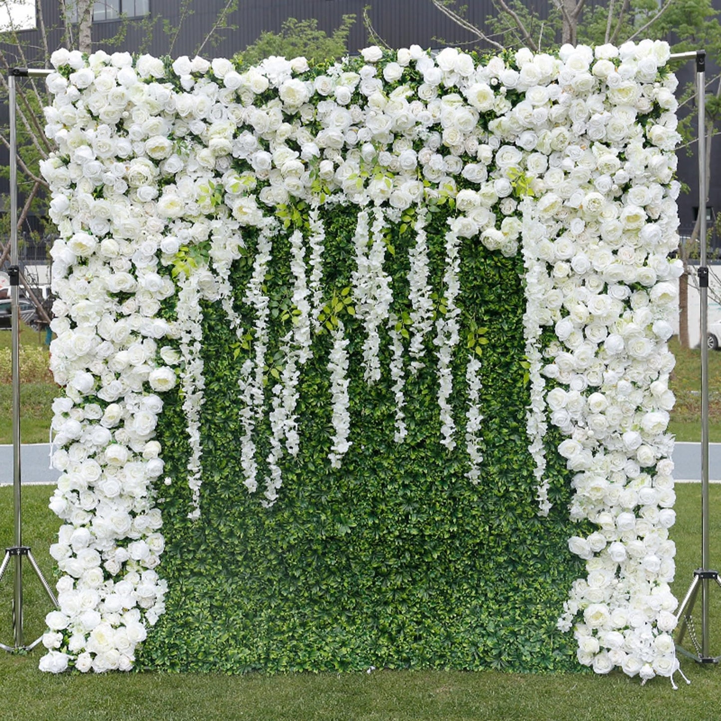 Handmade Green Lawn White Rose Wall Large Artificial Flower Wall Backdrop Panels,Rose Wedding Backdrop 3D Floral Wall Fabric Flower Wall For Party Baby Shower Bridal Wedding B,1m*1m/3.28*3.28FT