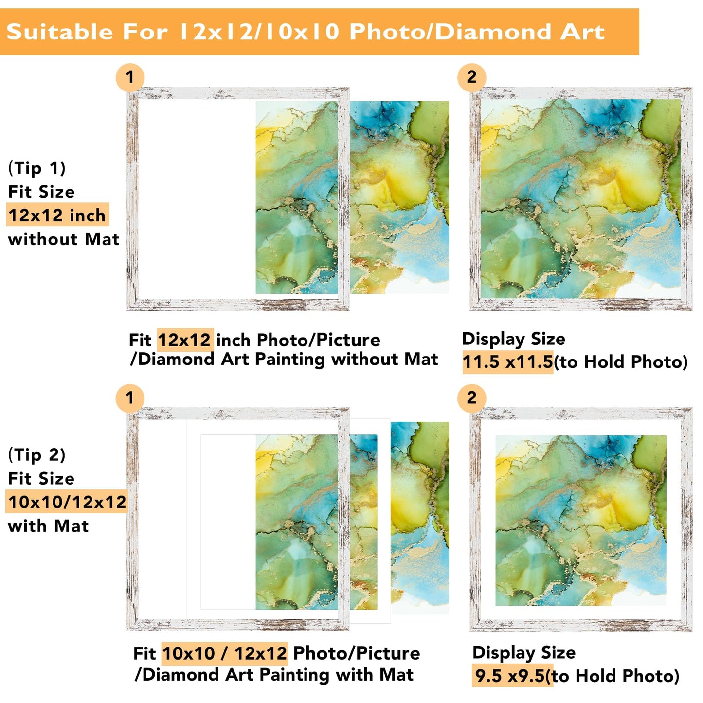QOTIB Wood 12x12 Frame for 30x30cm Diamond Art Painting, Display Picture 10x10 with Mat or 12x12 without Mat, Large Rustic White Picture Frame for Wall Hanging, 1 Pack