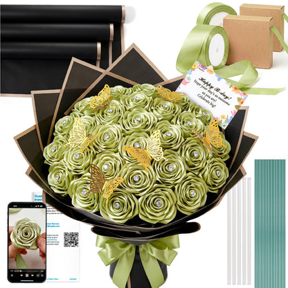 Caydo 1-1/2 Inch Satin Ribbon Flower Making Kit for Birthday Gifts, 50 Yards Sage Green Ribbon with Floral Stem Wire, Wrapping Paper, Glue Stick, 3D Butterfly and Diamond Pins