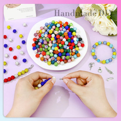Dowarm 480PCS 10mm Rhinestone Beads Kit for Jewelry Making Baseball Necklace Friendship Bracelet, Round Disco Ball Rhinestone Clay Beading Set with Crackle Spacer Beads Charms for DIY Crafting
