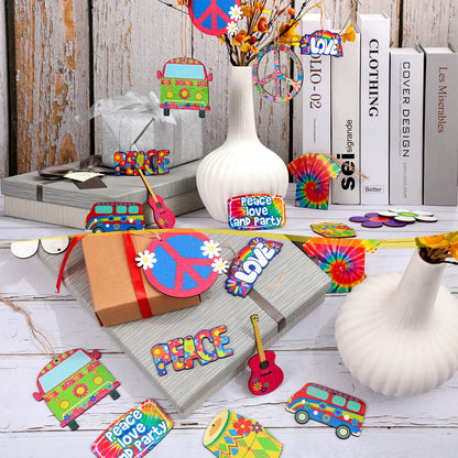 Jetec 36 Pieces 60's Hippie Groovy Party Wooden Hanging Ornaments Retro Flower Peace Sign Tie Dye Decorations for 60s 70s Hippy Vibe Birthday Baby Shower DIY Craft Supplies