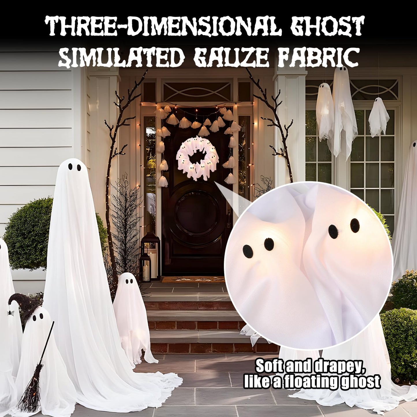 LED Light-Up Halloween Ghost Wreath, 12 Glowing White Ghost Garland, Halloween Ghost Wreath, Spooky Indoor & Outdoor Hanging Decoration for Front Door, Wall, Party