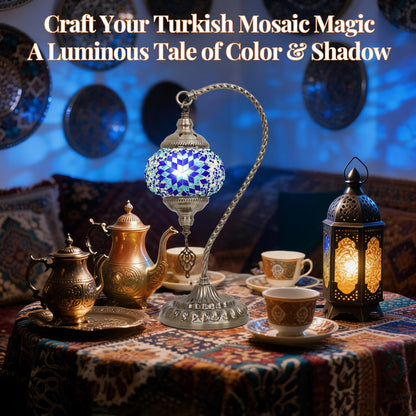 BOHMR DIY Turkish Mosaic Lamp Kit for Adults,Swan-Neck Stained Glass Lamp Making Kit- Easy,Fun,No Experience Needed, Mosaic Art & Craft Project Kits for Adults & Teens,Make Your Own Table Lamp,Blue