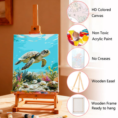 Muzagroo Art 4 Pcs Paint by Numbers Kits for Adults Framed Canvas with Wooden Easel DIY Sea Turtle Acrylic Oil Paintings Kits Paint by Numbers on Canvas Wall Art (8x12 inch)