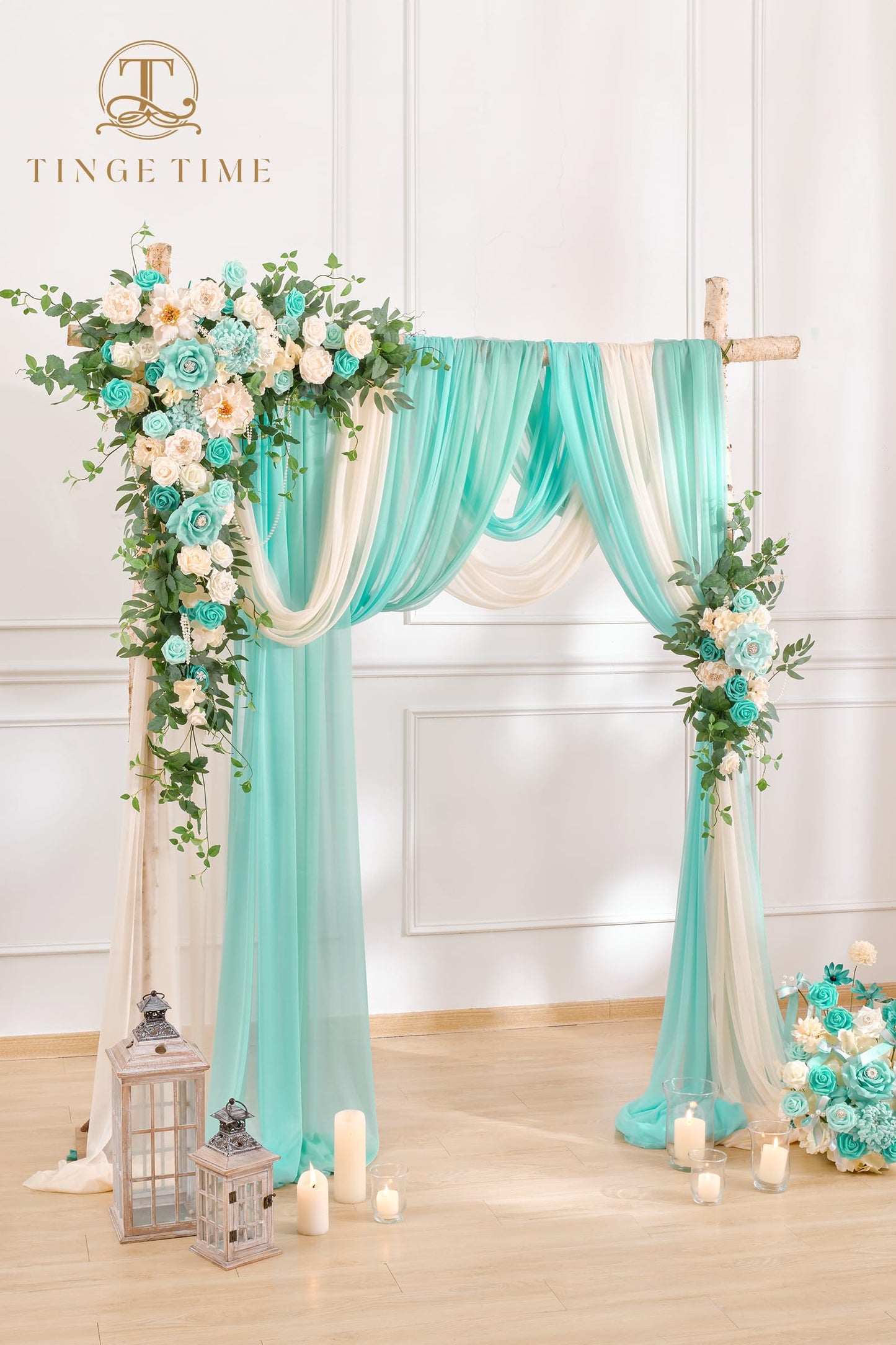 TINGE TIME Wedding Arch Flowers Kit - Deluxe 5pcs Artificial Floral Swag with 3 Sheer Drapes, Realistic Silk Flower Arrangements for Wedding Ceremony Arbor Backdrop Reception Party Home Decor