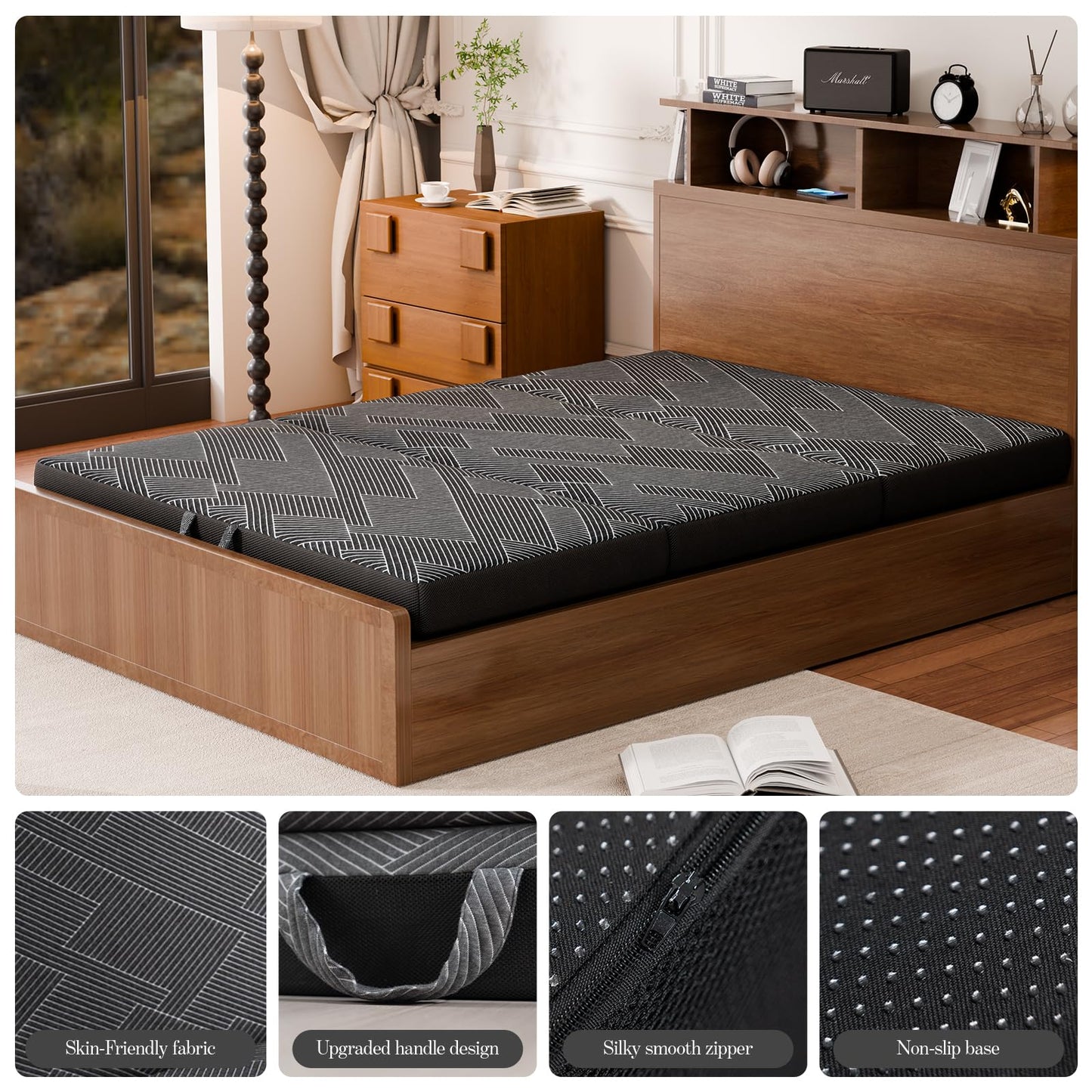 Tri Folding Mattress King Size - Foldable Mattress Trifold Memory Foam Mat with Washable Cover, Handle & Non-Slip Bottom Portable Foldable Floor Sofa Bed for Travel Camping Guest - 6 Inch, 80"x76"x6"