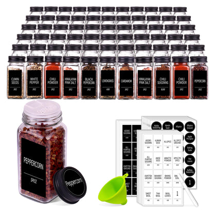 Churboro 66 Spice Jars with 547 Labels- Glass Spice Jars with Black Metal Caps, 4oz Empty Spice Containers with Shaker Lids, Funnel, Chalk Pen, Square Seasoning Bottles for Spice Rack, Drawer, Cabinet