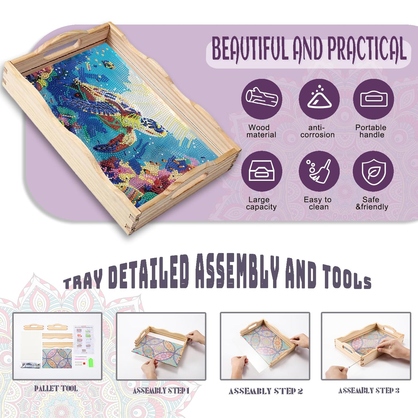 EWJRNSF Diamond Art Kits for Adults Wooden Serving Trays with Handles, 5D Diamond Painting Big Gem Arts and Craft Gifts Trays Decor Gift Home Decor 7.8x11.8 Inches Turtle A