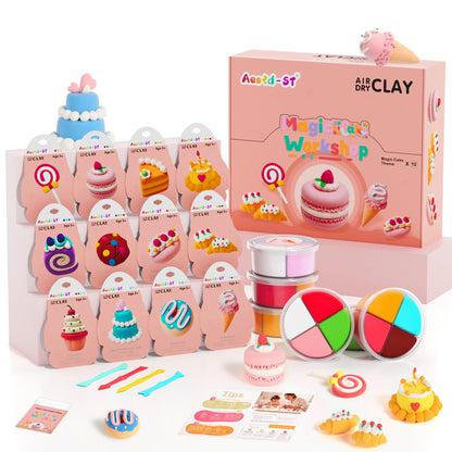 Air Dry Clay Kit - Cake Themed, Modeling Clay for Kids, Dessert DIY Model Magic Clay with Tools and Tutorials, 12 Boxes Molding Clay, Ultra Light, Soft & Non-Sticky, Arts and Crafts Gifts for Kids