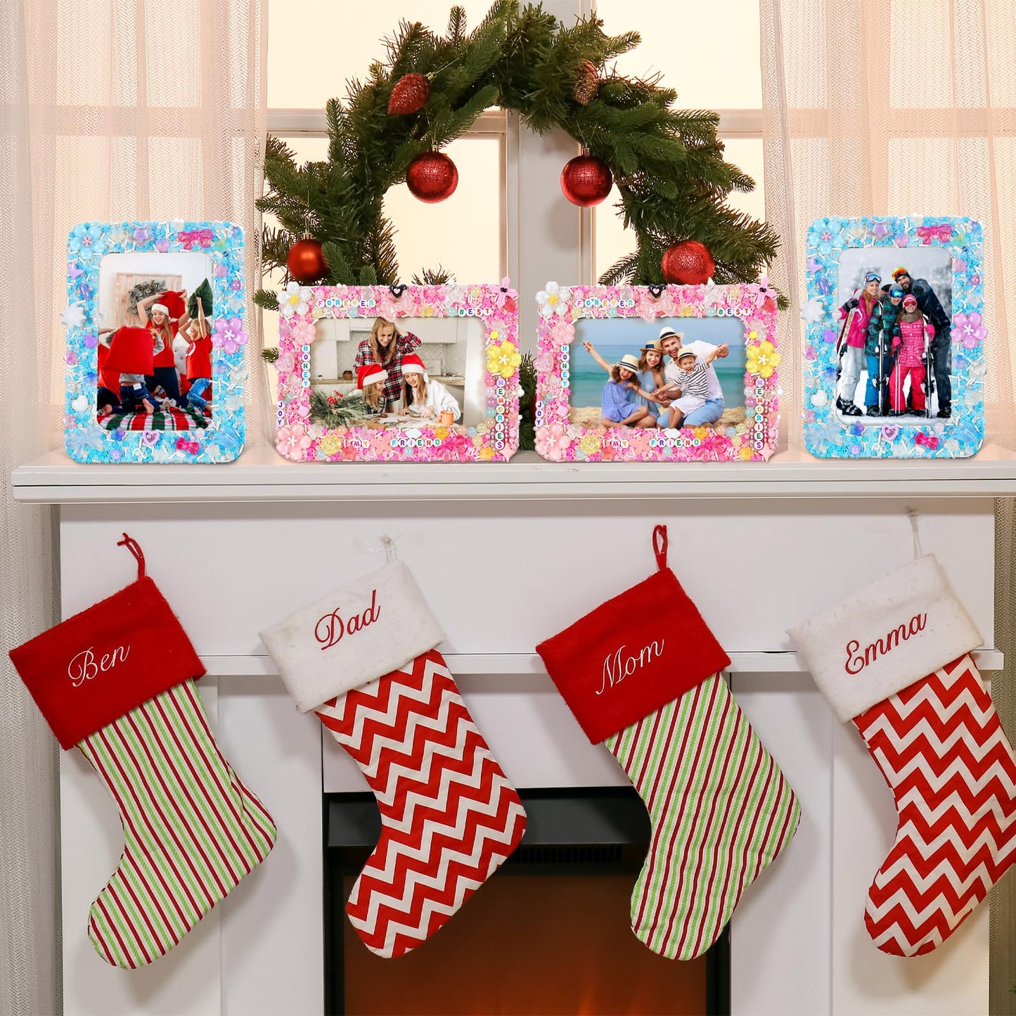 Thyle 4 Pack Mosaic Picture Frame Painting Craft Kit for 4 x 6 Inch Photo 4 Pcs DIY Unfinished Wooden Picture Frames with Beads Stickers Tweezers for DIY Craft Gifts