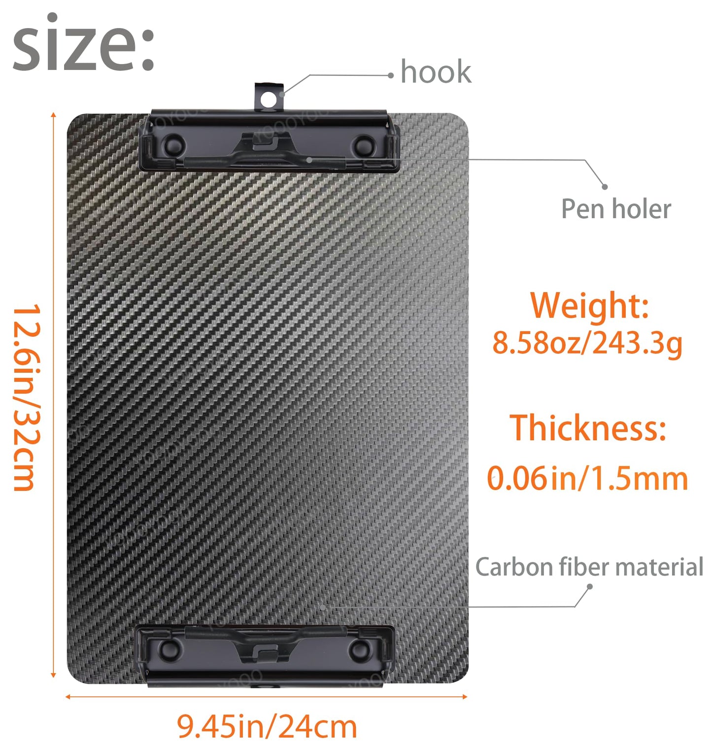 9.4"W x 12.6"L x 0.06"T Hard Lightweight Portable Carbon Fiber Clipboard with 2 Strong Black Low Profile Clips, Hook & Pen Holder, Letter/A4 Size Drawing Board, Waterproof & Sun Resistant, 3K Twill
