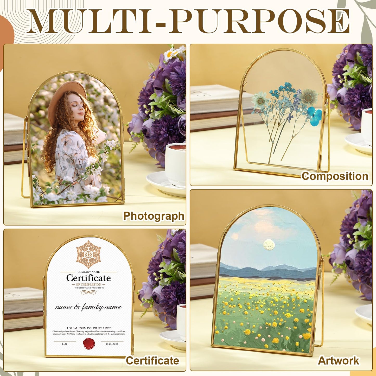 Vicenpal 4 Pcs 5 x 7 Inch Double Glass Frame for Pressed Flowers Vintage Metal Gold Floating Picture Frames Minimal Vertical Arched Photo Stand for Desk Tabletop Display (Gold)