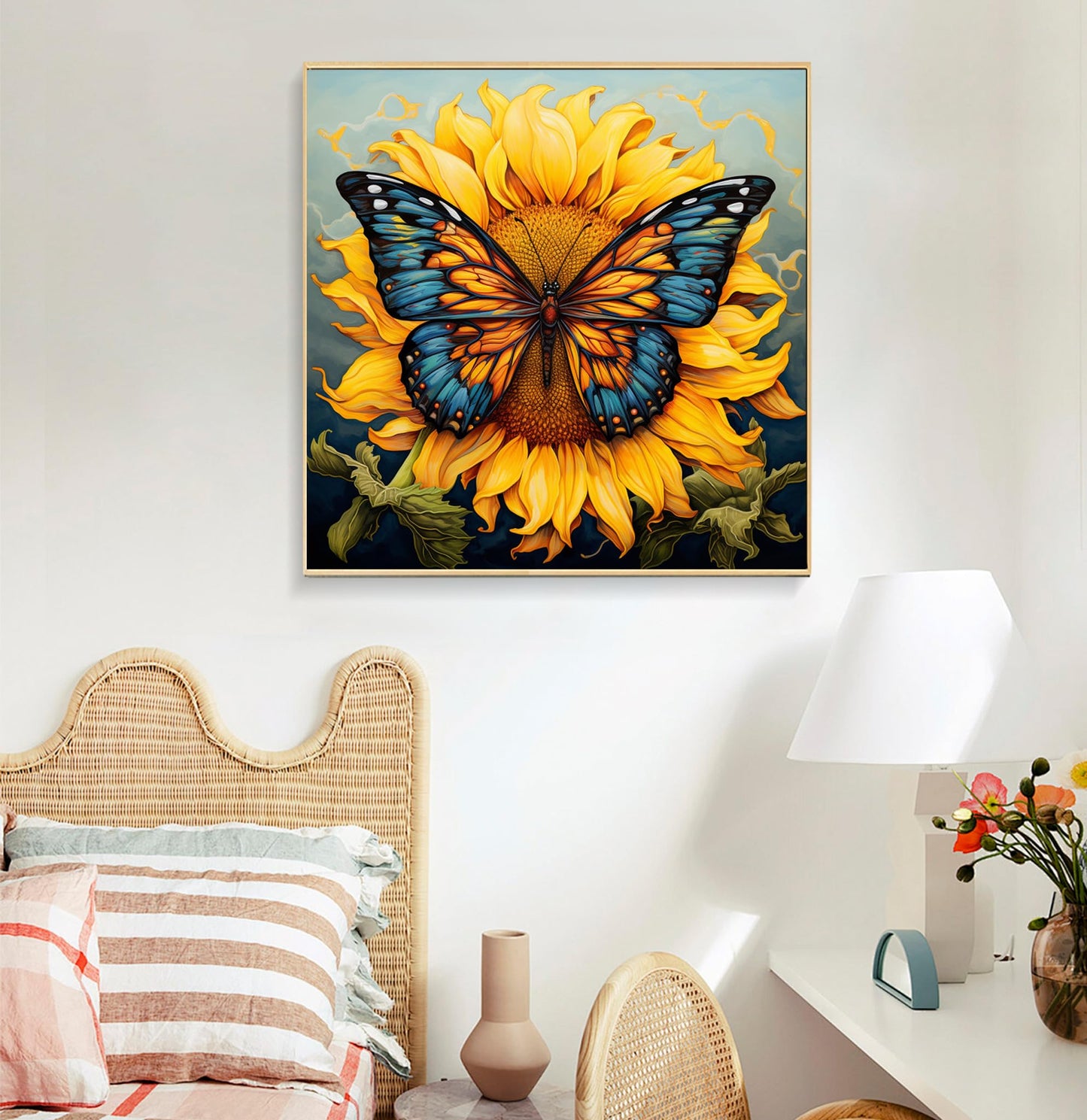 Framed Paint by Numbers Kit for Adults Beginners & Kids Ages 8-12, Butterfly Sunflower Acrylic Easy Paint by Number with Frame, Number Painting Kits on Canvas Framed (12 * 12 Inch, without Easel)