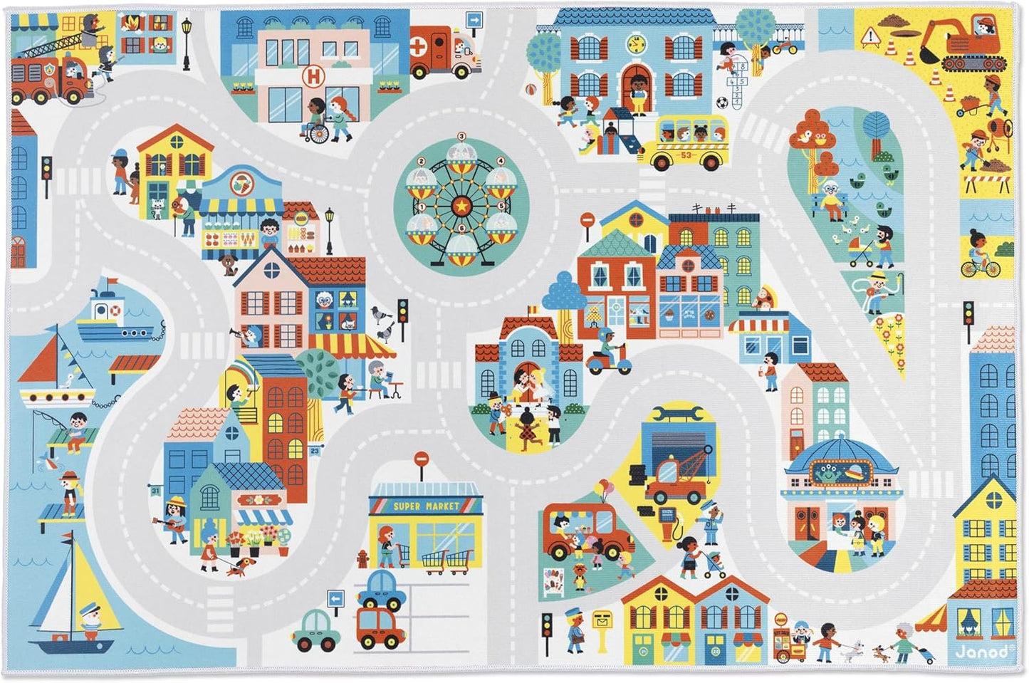 120 78cm 2 J05910 Janod - Children's Car Rug - City Theme - Soft & Non-Slip - Urban Pattern - Play Rug for Girls