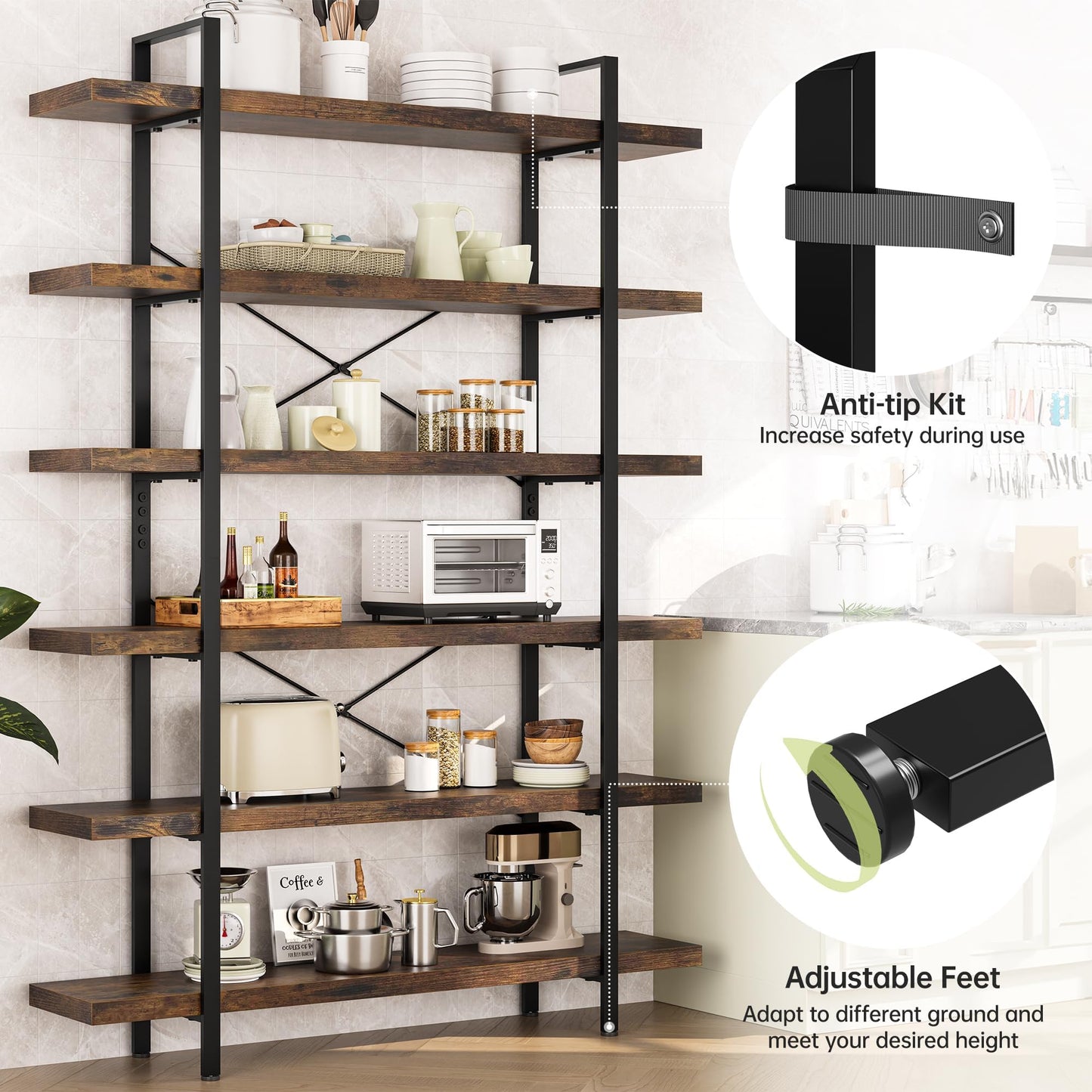 EPLICEMR 6 Tier Bookshelf 2 PCS, 80" H Heavy Duty Bookshelf,120lbs Shelf Capacity, 47" W Wood Industrial Bookshelf, Rustic Open Reinforced Horizontal Shelves for Living Room,Bedroom, Office