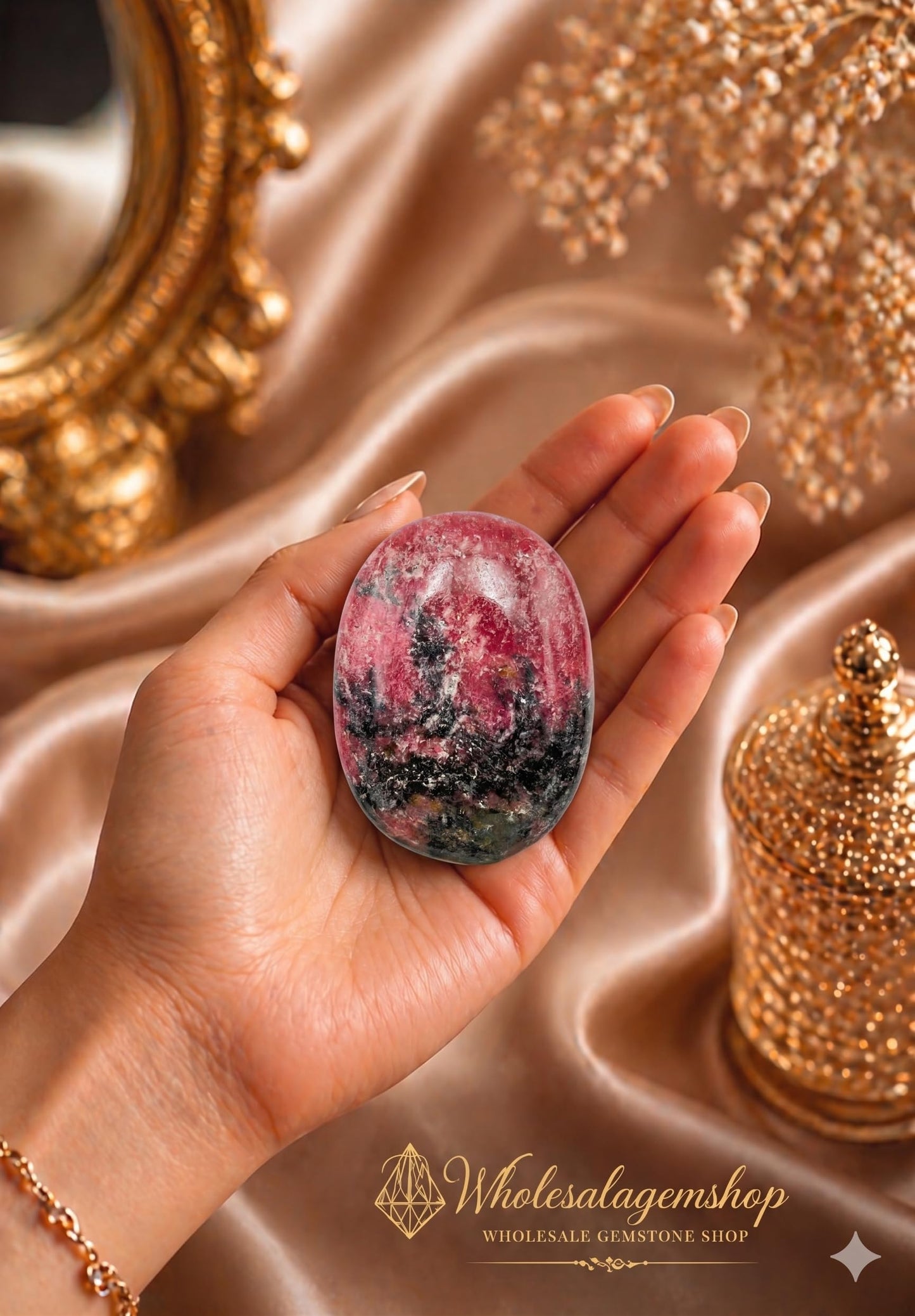 Wholesalegemshop Rhodonite Gemstone Carved Palm Stone/Pocket Palm Stone/Reiki Healing & Crystal Grid for Natural Body Chakra Balancing - Large Palm Stone Crystals