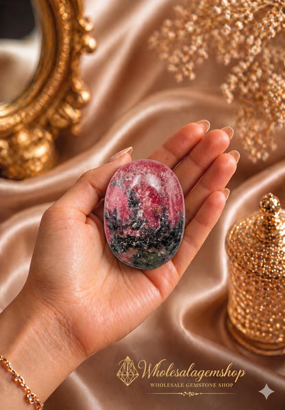 Wholesalegemshop Rhodonite Gemstone Carved Palm Stone/Pocket Palm Stone/Reiki Healing & Crystal Grid for Natural Body Chakra Balancing - Large Palm Stone Crystals
