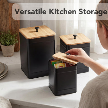 PERFNIQUE Kitchen Canisters for Countertop Set of 3, Airtight Canisters Sets for the Kitchen Counter with Lid, Metal Farmhouse Food Storage Containers Jars for Flour Sugar Coffee Tea Spice (Black)