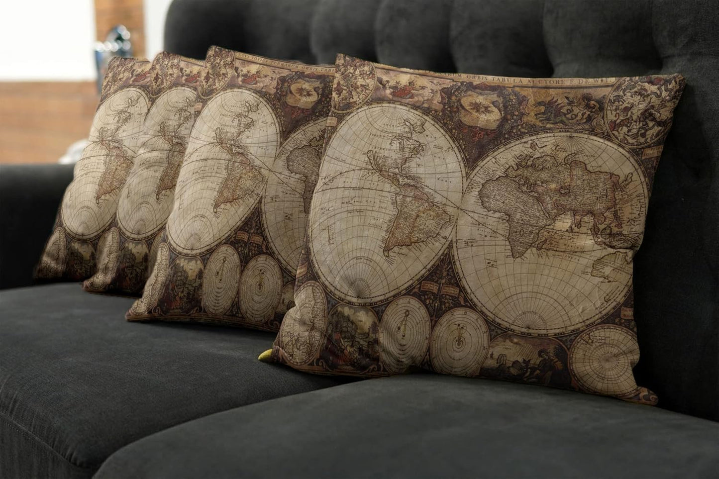 Ambesonne World Map Throw Pillow Cushion Case, Pack of 4, Vintage Design, 18", Beige Brown, Double-Sided