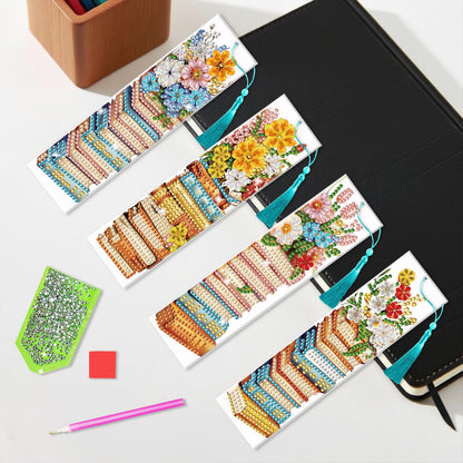 beinkmake 6pcs Diamond Painting Bookmark Set Stack of Books and Flowers Acrylic Bookmarks with Tassels DIY Art Gift for Book Lovers 7.87x1.97 Inches