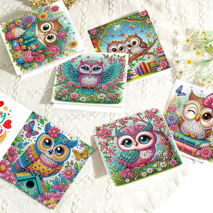 POETRYDRAW 6 Pack 5D DIY Diamond Art Painting Owl Greeting Card Kit, Diamond Birthday Holiday Greeting Card, Art Crafts Kit Creative with Envelope