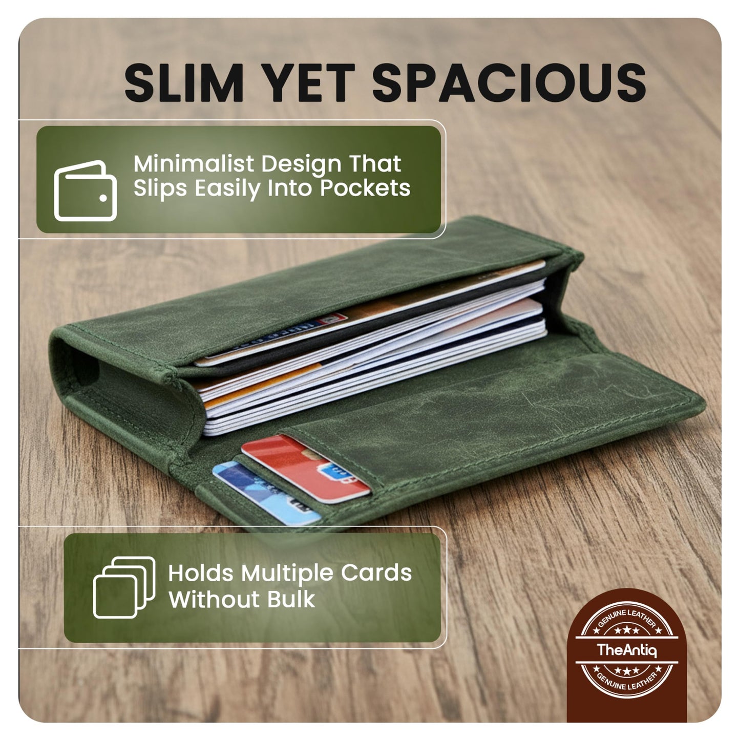 TheAntiq Premium Leather Card Wallet, RFID Blocking Expandable Business Card Case, Bifold Card Holder for Men and Women, Men's Purse, Wallet for Men (Business Card Wallet, Green)