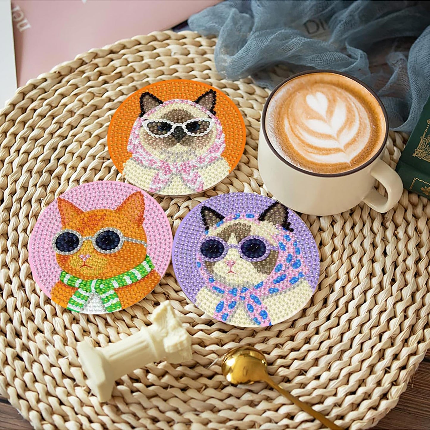 Yijingtop 8 Pcs Retro Cat Diamond Painting Coasters Kits with Holder,Funny Cat Diamond Art Coasters with Wooden Cork,DIY Round Drill Small Diamond Art for Adults for Home Wall Decor
