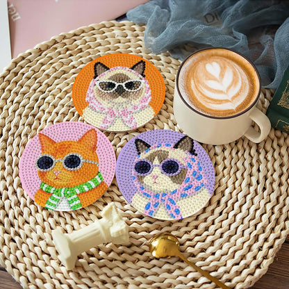 Yijingtop 8 Pcs Retro Cat Diamond Painting Coasters Kits with Holder,Funny Cat Diamond Art Coasters with Wooden Cork,DIY Round Drill Small Diamond Art for Adults for Home Wall Decor