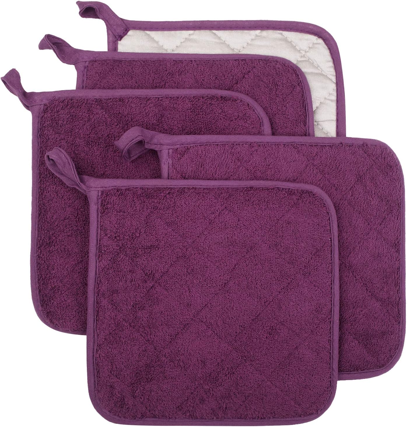 100% Cotton Kitchen Everyday Basic Terry Pot Holder, Heat Resistant Coaster, Set of 5, Grape