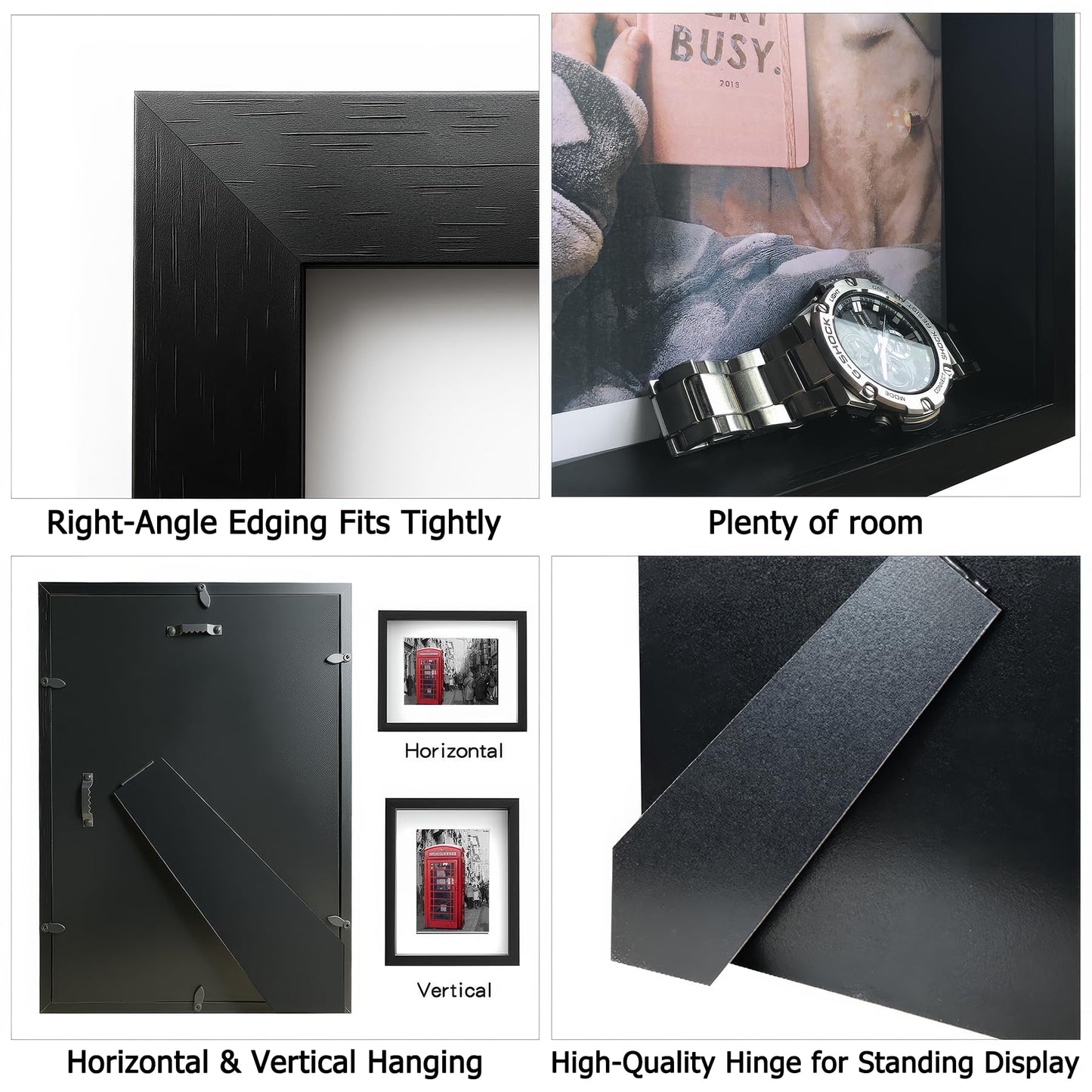 Heyxinda 11x14 Shadow Box Picture Frames 4 Pack, Wooden Display Cases with Linen Board, Use as 9x12 Frame with Mat or 11x14 without Mat, 1.0" Interior Depth for Flowers Memorabilia Collectibles, Black