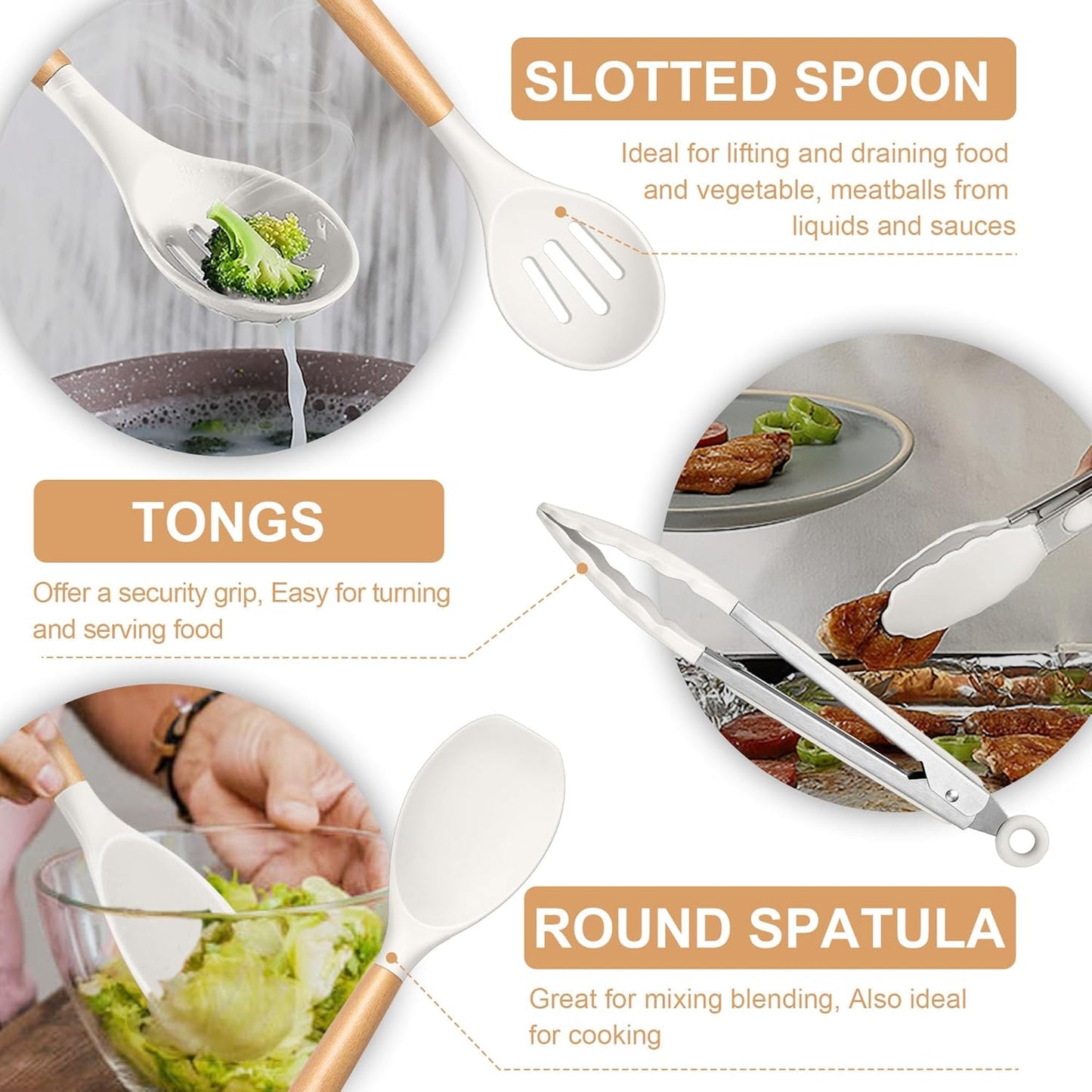 TeamFar Cooking Utensils Set, 12 Pcs Silicone Kitchen Gadgets for Nonstick Cookware, Wooden Handle Spatula Spoon
