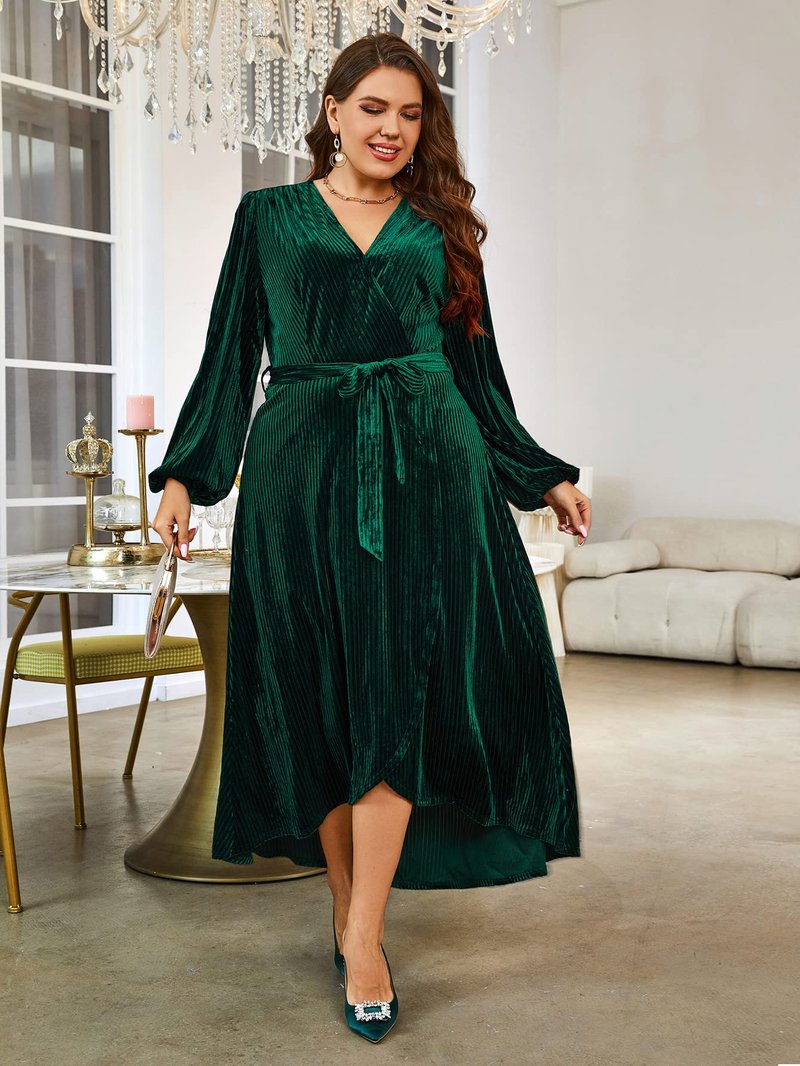 BerryGo Women's Plus Size Long Sleeve Velvet Wrap Dress V Neck Cocktail Semi Formal Maxi Dress for Wedding Guest Emerald Green 3XL