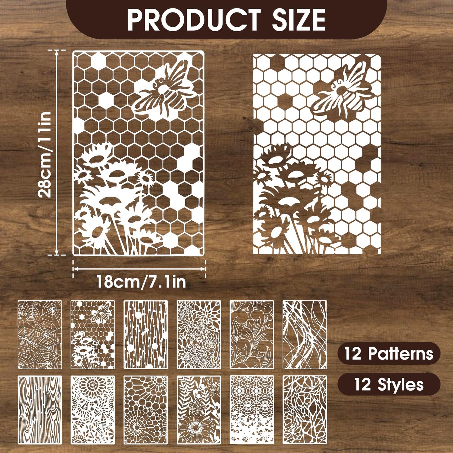 12Pcs Mixed Stencils for Painting, Art Stencils for Crafts Reusable, Wood Grains Flower Texture Templates Spider Web Layering Spray Paint Stencils Kit on Wall Canvas Cake Card DIY (11×7'')