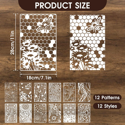 12Pcs Mixed Stencils for Painting, Art Stencils for Crafts Reusable, Wood Grains Flower Texture Templates Spider Web Layering Spray Paint Stencils Kit on Wall Canvas Cake Card DIY (11×7'')