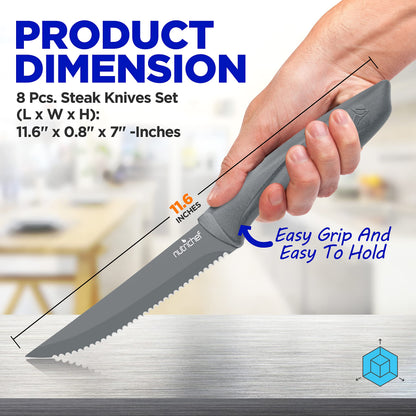 SereneLife Stainless Steel Knife Set, 8 Pcs. - Non-Stick Coating, Sharp Serrated Blades, Professional Kitchen Set, Rust-Resistant, Dishwasher Safe, Ideal for BBQ & Grilling, Gray