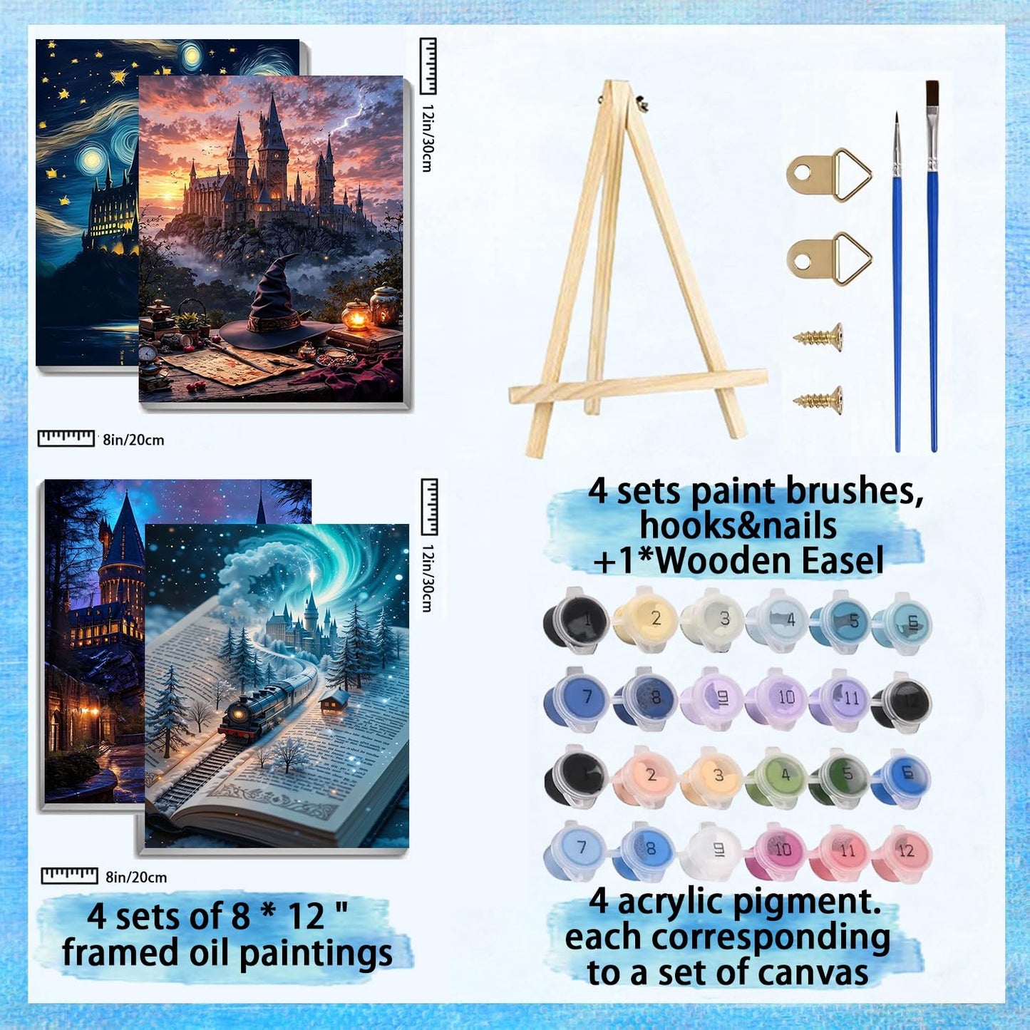 4 Pack Paint by Numbers for Adults with Framed Canvas - with Wooden Easel, Magic Castle Paint by Number on Canvas, Fantasy DIY Acrylic Oil Painting Kits with Brushes for Home Wall Decor 8x12 inch