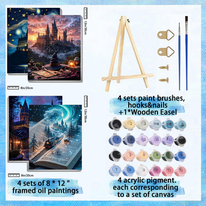 4 Pack Paint by Numbers for Adults with Framed Canvas - with Wooden Easel, Magic Castle Paint by Number on Canvas, Fantasy DIY Acrylic Oil Painting Kits with Brushes for Home Wall Decor 8x12 inch