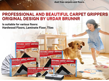 Rug Non Slip Grippers, Reusable Rug Tape, No Damaging for Hardwood Floors, Carpet Grippers Stickers Pads for Area Rugs Corners Flat, 12Pcs